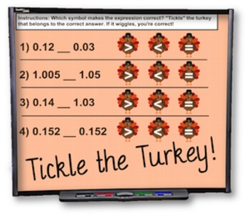 Preview of Tickle the Turkey Decimals Smart Board Practice