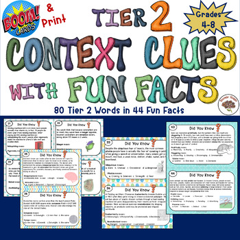 Preview of Context Clues Boom Cards AND Print, Tier 2 Words Using Fun Facts.