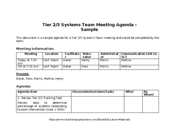 Preview of Tier 2 and 3 Systems Team Meeting Agenda - (editable and fillable Sample)