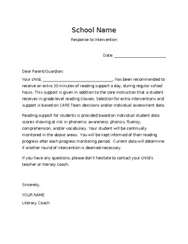 Preview of Tier 3 Reading: RTI Parent Letters