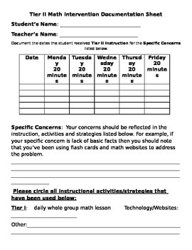 Preview of Tier II RtI Math Documentation Sheet