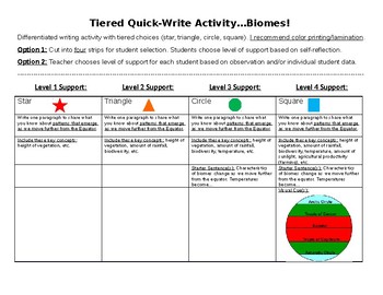 Preview of Biomes. Tiered Quick-Write Activity.