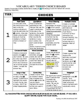 Preview of Tiered Vocabulary Choice Board