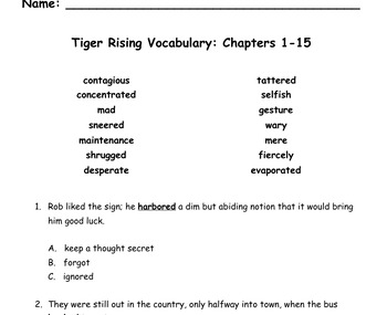 Preview of Tiger Rising Vocabulary Chapters 1-15 - Context Clues