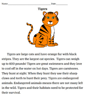 Preview of Tigers ~ Passage and Questions for Small Group Instruction