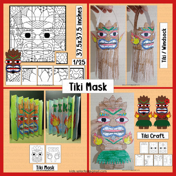 Preview of Tiki Mask Craft Hawaiian Activities Beach Bulletin Board Hawaii Day Coloring Art