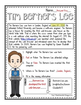 Tim Berners Lee Reading Passage by The Techie Teacher | TPT