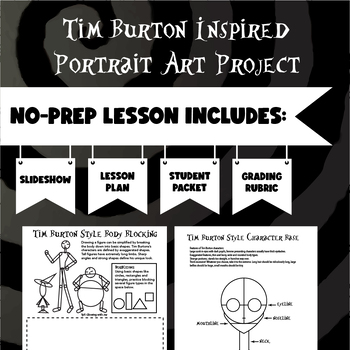 Preview of Tim Burton Inspired Art Portrait No Prep Lesson with Slideshow
