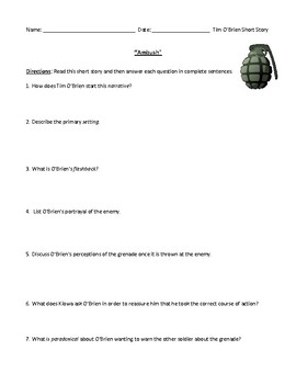 Preview of Tim O'Brien: "Ambush": Worksheet or Assessment & Detailed Answer Key