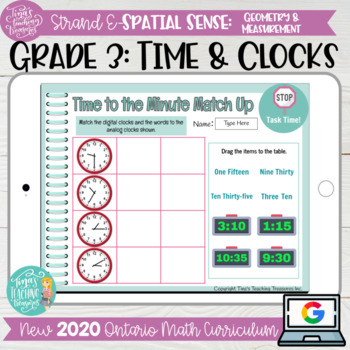 Preview of Time & Analog clocks Grade 3 2020 Ontario Math DIGITAL Strand E Spatial Sense