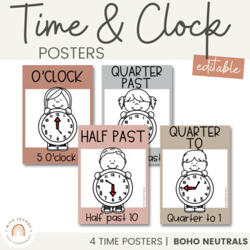 Preview of Time & Clock Posters | Boho Rainbow | Editable Neutral Classroom Decor