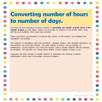 Preview of Time - Converting Hours to Days - A3 & A4 Posters, Word Problems - US Version