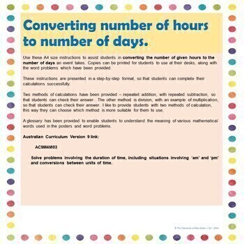 Preview of Time Converting Hours to Days Posters, Word Problems Australian Version