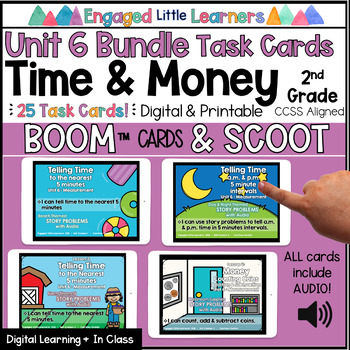 Preview of Time & Money Task Card BUNDLE | 2nd Grade Math | 4 Decks | Printable & BOOM™