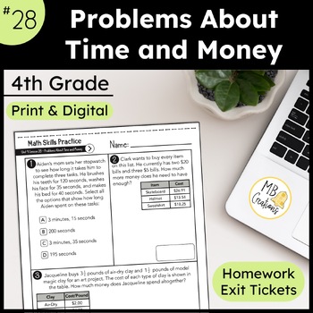 Preview of Time & Money Word Problem Worksheets - L28 - 4th Grade iReady Math Exit Tickets
