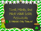 Time, Money, and Place Value Scoot Activities (St. Patrick