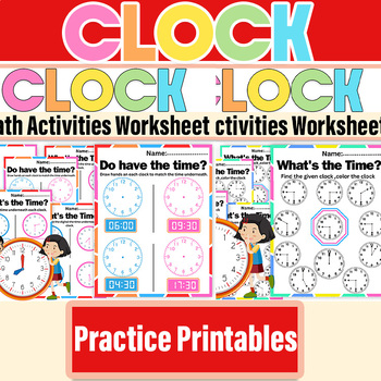 Preview of Time - O'clock and Half-hour Worksheets | Color Analog Clock Practice Printables