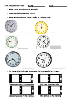 Preview of Time Pre and Post Assessment & Short Test Quiz for Grades 2 to 6