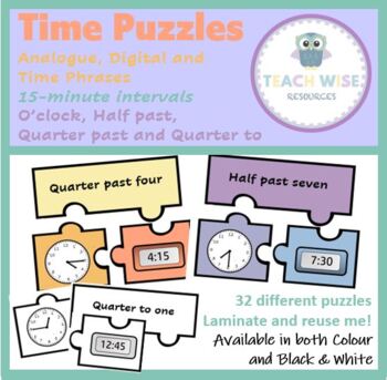 Time Puzzles Analogue Digital Phrases 15 Minute Intervals