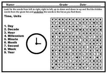 Preview of Time Units, Word Search Puzzle Worksheet, Elementary science vocabulary, No Prep