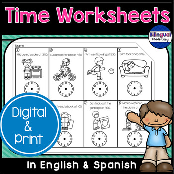 Preview of Time Worksheets in English & Spanish DIGITAL LEARNING