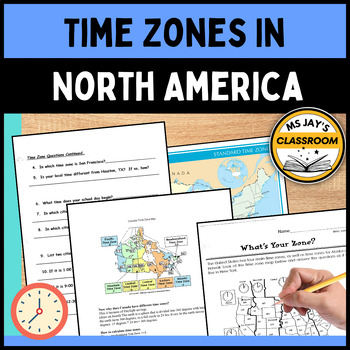 Preview of Time Zones Difference America (USA) & Canada Map Activity Lesson Plan Worksheets