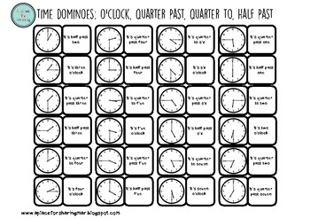 time dominoes o clock half past quarter to and quarter past tpt