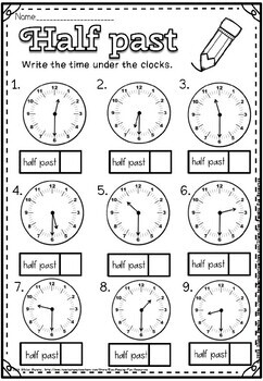 time on the hour and half past worksheets50 off for 48