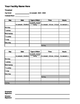 Preview of Freebie!  Time sheet for staff at a child care or preschool facility