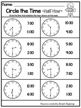 Telling Time to the Half Hour NO PREP Printables by Benzel's Beginnings