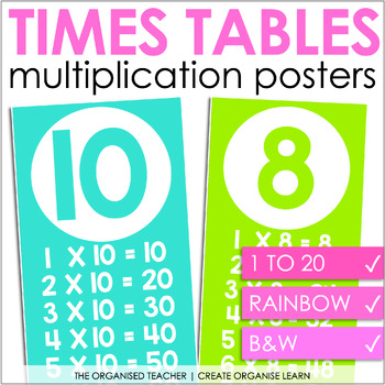 Preview of Times Tables Multiplication Charts - Rainbow Classroom Decor