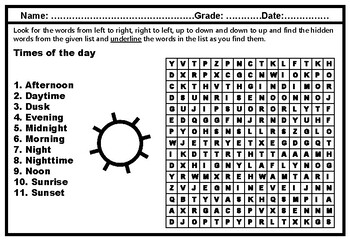 Preview of Times of the day, Word Search Worksheet, Time Project Distance Learning