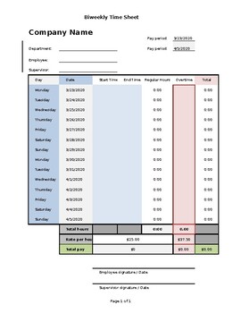 Preview of Timesheet ( Bi-Weekly Auto Calculated with Overtime)