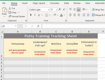 Preview of Timestamped Potty Training Tracking Sheet - Excel