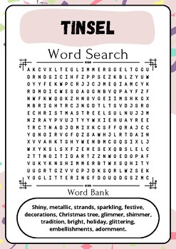 Tinsel : Word Search Puzzle Challenge Printable Activity Sheet