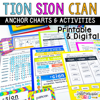 Preview of Tion, Sion & Cian Suffix Activities Digital & Printable Phonics Worksheets