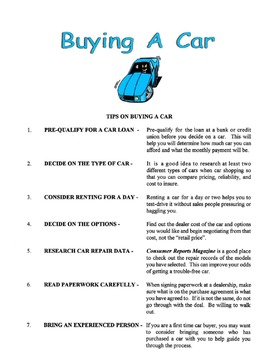 Tips On Buying A Car Lesson by Sunny Side Up Resources | TpT