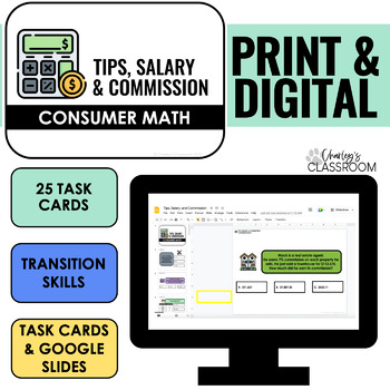 Preview of Tips, Salary, & Commission Consumer Math Task Cards | Digital Included