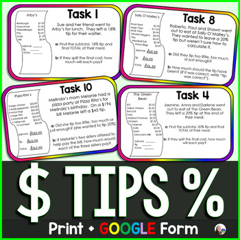 Preview of Tips and Gratuity Task Cards Activity - print and digital