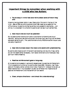 Preview of Tips for working with a child who has Autism, ASD