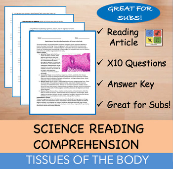 Preview of Tissues in the Body Reading Passage and x 10 Questions (EDITABLE)
