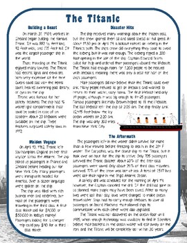 Titanic Nonfiction Close Reading Prehension Passage And