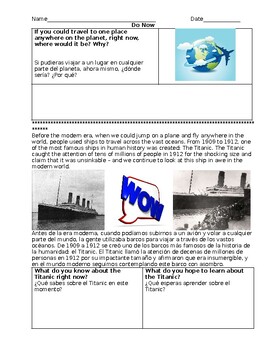 Preview of Titanic Sinking - ENL Lesson - English/Spanish