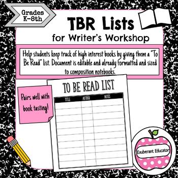 Preview of To Be Read (TBR) List for Writer's Workshop Notebooks