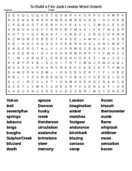 To Build a Fire Jack London Word Search Puzzle and KEY by Lonnie Jones ...