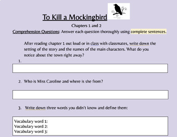 Preview of To Kill a Mockingbird Chapters 1-2 Questions
