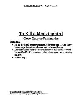 Preview of To Kill a Mockingbird Cloze Chapter Summaries, 1-31