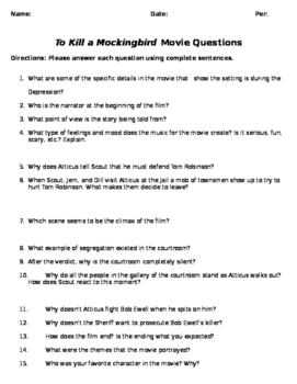 Preview of To Kill a Mockingbird Movie worksheet/questions