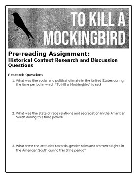 Preview of To Kill a Mockingbird: Pre Reading Assignment