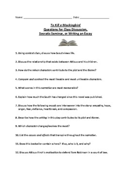 Preview of To Kill a Mockingbird: Questions for Socratic Seminars, Discussions, or Essays